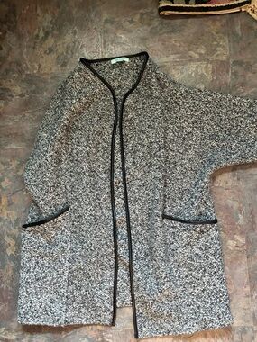 She + Sky Grey Bouclé Cardigan with Black Trim